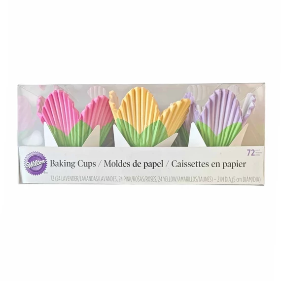 Wilton virág alakú Lila, Rózsaszín, Sárga muffin papírok – 72 darab